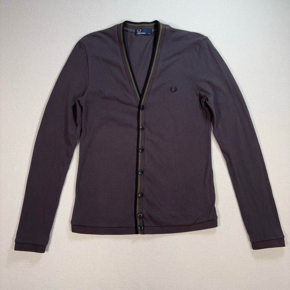 Fred Perry V-Neck Cardigan Men's S Gray Cotton Logo Embroidery Preppy‎ Knit